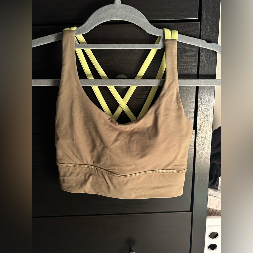 LuLulemon sports bra in army green and neon green.